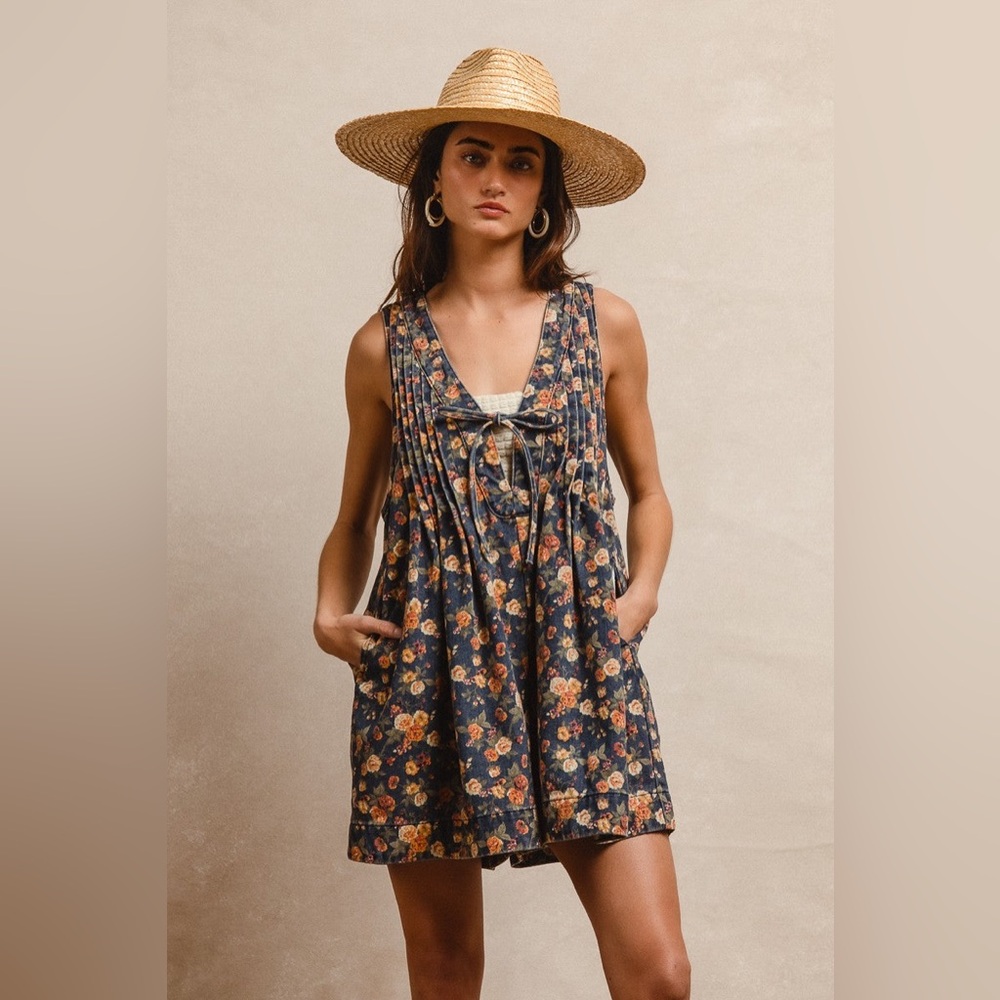 BiBi Navy Floral Denim Sleeveless Romper with Orange and Cream Flowers